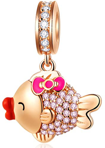 Rosa Oro Femminile Carp Fish Ciondolo Charms fit Pandora San Valentino Bracciale, 925 Sterling Silver Ragazza Goldfish Dangle, Lucky Koi Fish CZ Perline, regalo per la fidanzata/moglie/moglie/sorella
