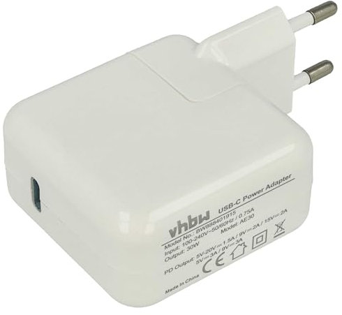 vhbw USB C Ladeadapter kompatibel mit Apple MacBook Pro 13 2020 M1, 13 2022 M1 - Steckdosen-Adapter (Max. 15/9 / 5 V), Weiß
