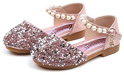 YOSICIL Mädchen Prinzessin Schuhe Elsa Schuhe mit Pailletten Flache Schuhe mit Perlen Festliche Schuhe Kostüm Zubehör Fasching Karneval Halloween Tanzball Party Schuhe Große Größen 21-36