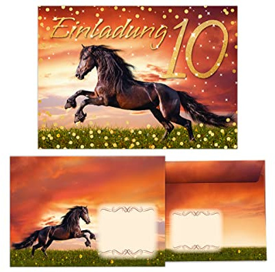 Junapack 12 Einladungskarten incl. 12 Umschläge zum 10. Kindergeburtstag zehnte Geburtstag Mädchen Pferd braun