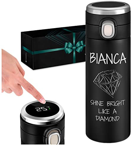 Maverton Thermobecher Kaffeebecher mit Gravur 400 ml - Trinkflasche Auslaufsicher 100% dicht - Thermo Trinkflasche mit LED-Temperaturanzeige - Travel Mug Geschenk für Frauen - schwarz - Diamond
