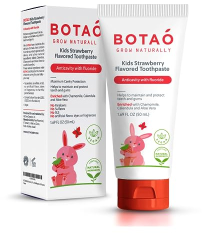 Botao Kids Natural Strawberry Flavored Anticavity Fluoride Toothpaste Maximum Cavity Protection Cleans Children’s Teeth Protects Gums Chamomile Aloe Vera Calendula Xylitol for Ages 2 and Up
