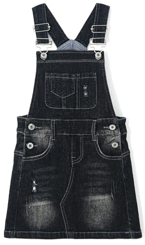 KIDSCOOL SPACE Gonna per Ragazze Grandi, Abito da Salopette Estivo per Ragazze in Denim Strechy Morbido Strappato, Nero, 7-8 Anni