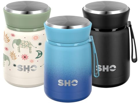 SHO Food Flask - Vacuum Insulated, Double Walled Stainless Steel Food Flask & Food Container - 10 Hours Hot & 20 Hours Cold - 530ml 800ml - BPA Free (Deux Bleu, 530ml)