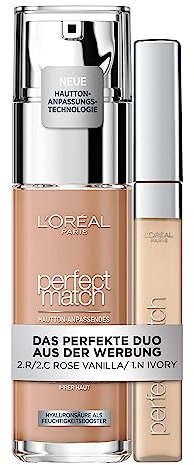 Bundle aus L'Oréal Paris Make up, Perfect Match Make-Up, Nr. 2.R/2.C Rose Vanilla, 30 ml + L'Oréal Paris Concealer gegen Augenringe und kleine Makel, Perfect Match, 1.N - Ivory, 6,8 ml
