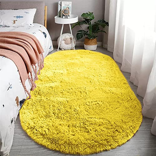 Reyox Teppich Oval Hochflor Shaggy rutschfest Pflegeleicht, Flauschig Weich Langflor Teppich für Wohnzimmer Schlafzimmer Bettvorleger Gelb 60 x 160 cm
