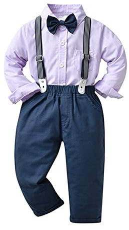 Volunboy Bimbo Neonato Completini e Coordinati Gentiluomo, Camicia Fiocco e Bretelle Pantaloni 4 Pezzi(12-18 mesi,Viola Puro,Taglia 80)