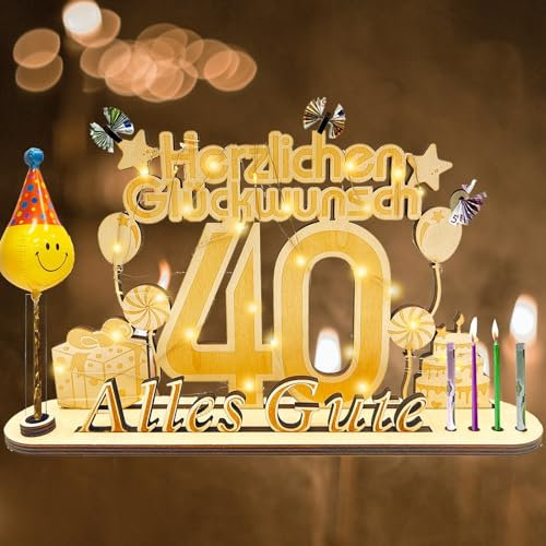 owlfun Geldgeschenke Geburtstag 40, Holz-Schild Gästebuch Geburtstag 40,LED Geschenke zum 40 Geburtstag Frauen & Männer,Holz Schild Gästebuch mit Vase und Kerzenhalter DekoGeburtstagsgeschenk