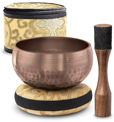 Ensemble de bols chantants tibétains – Facile à jouer – Crée un beau son pour le soulagement du stress, la méditation et la relaxation – Simplicité – Bol marron brillant avec coussin noir avec sac