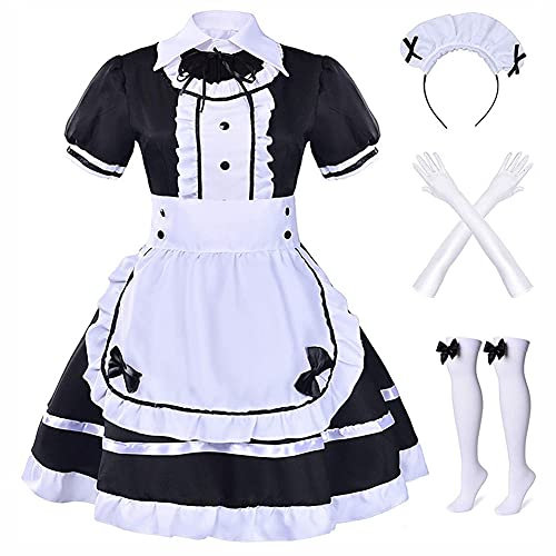 Alaiyaky Maid Dress Costume, French Maid Outfits for Women, 8Pcs Maid Cosplay Gothic Fancy Dress with Headwear Stockings Gloves Apron, Maid Dress Up for Halloween Carnival Masquerade (Type A, M)