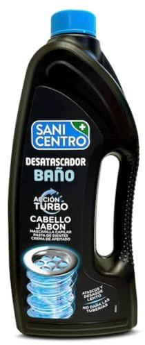 Sanicentro Desatascador Baño Acción Turbo | Disuelve atascos de pelo, jabón y residuos cosméticos | Ideal para duchas y lavabos | Fórmula potente y segura | Botella 1L