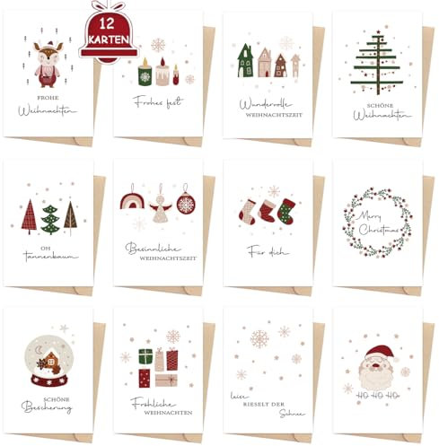 JOYEASE Weihnachtskarten mit Umschlag Set, 12 x verschiedene Postkarten weihnachten im modern Stil, A6 Weihnachtspostkarten mit schönen Sprüchen und Mustern