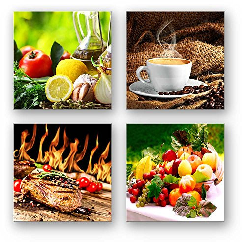 Mehrteiliges Küchen Bilder-Set, 4-Wandbilder je 40x40cm - quadratische Form - tolle Kunstdrucke zur Deko für Küche, Flur, Esszimmer, Deko Bild, Kaffee Obst Wein, Set C