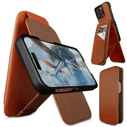 Dreem Fibonacci Flip 15 Pro Max Wallet Case für iPhone - abnehmbare Folientasche aus Vegan-Leder mit RFID-Schutz, stoßfest, MagSafe-kompatibel [Karamell]
