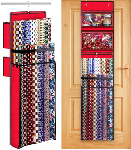 Geschenkpapier-Organizer, doppelseitig, zum Aufhängen, Geschenkpapierrollenhalter für Weihnachten, 160 x 33 cm, über der Tür, Geschenktütenbehälter für Raumschrank, rote Wickelstation für Geburtstag