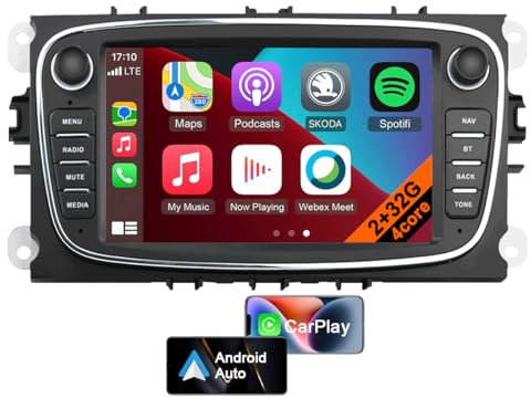 Android 13 Autoradio mit Sat-NAV für Ford Focus, C-Max, S-Max, Mondeo, Kuga, Galaxy, 7 Zoll Bildschirm Doppel-DIN Autoradio mit Bluetooth, WLAN, FM/RDS, USB + Rückfahrkamera (Schwarz, 4core 2GB+32GB)