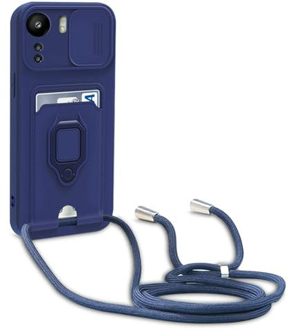 yanasuo Cover con Collana Compatibile con Xiaomi Redmi 13C/Poco C65, Cover con Pratico Cordino, Slidable Protezione Fotocamera Slot Carte 360° Anello Supporto, Blu