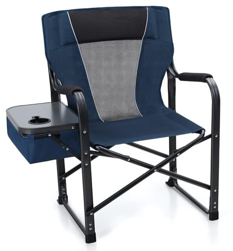 HIGH POINT SPORTS Klappbarer Campingstuhl mit Seitentisch, Klappbarer Regiestuhl, Robuster Tragbarer Outdoor-Stuhl für Erwachsene, Tragfähigkeit 350 lbs, Marineblau