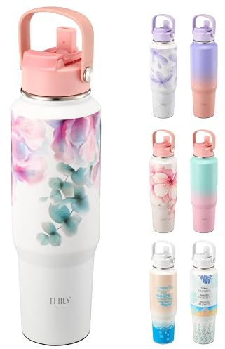 THILY Stainless Steel Insulated 40 oz Water Bottle Triple Insulated Leakproof Wide Mouth Water Flask with Lid and Straws, Powder Coated, BPA Free, Keep Cold & Hot, Pink Lilies