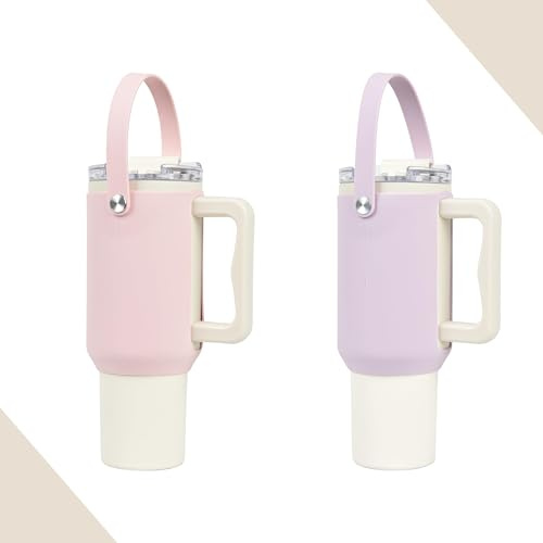 Compatibile con Stanley 1,18 l, accessori per bicchieri, in silicone, con tracolla, custodia morbida e resistente per bottiglia d'acqua Stanley Cup con manico, 2 pezzi (rosa, viola)