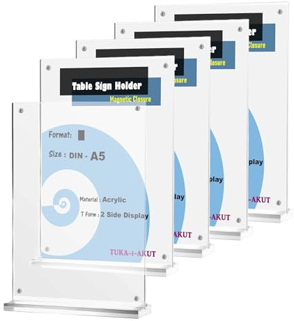 TUKA-i-AKUT 5x A5 Hoch Tischaufsteller Acryl Transparent mit Magnetverschluß, Doppelseitig Display Prospekthalter Flyer Aufsteller Tisch Werbeaufsteller, Glasklar Acrylglas T-Ständer TKD8241-A5-H-5x