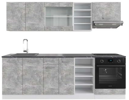 Vicco Küchenzeile R-Line, Küchenblock, Beton/Weiß, 240 cm, AP Anthrazit