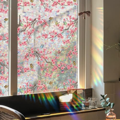 Runtoo Calcomanías decorativas de vinilo 3D con diseño de flor de cerezo arcoíris para ventana, diseño de mariposas, adhesivos estáticos, no adhesivos, 15.75 x 40 pulgadas