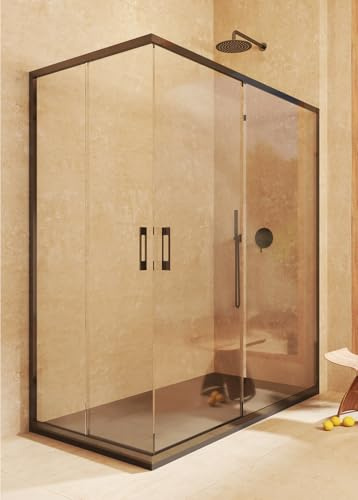 Mampara Rectangular REVERSIBLE 67,5-70 x 107,5-110 cm - H= 195cm, Negro | Mampara Angular (corredera + fijo) + (corredera + fijo) , Con perfil inferior, Vidrio de seguridad 6mm tratamiento antical