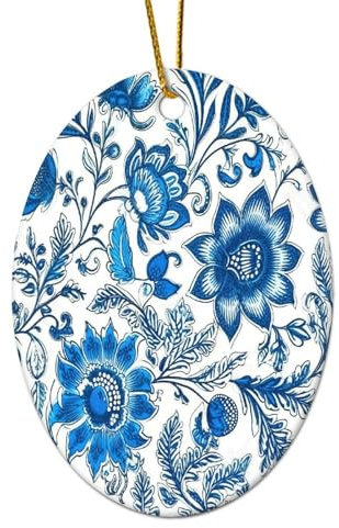 Blauer und weißer Porzellan-Weihnachtsbaumschmuck, florales Muster, Blume, Boho, oval, hängende Ornamente, Keramik, dekorativ, russische Volkskulturakzent, Weihnachtskugel, Baumschmuck