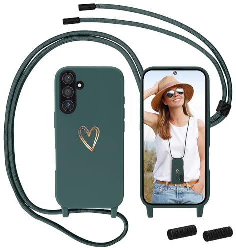 Handyband für Samsung Galaxy A55 5G Hülle mit Band, MoEvn Necklace Handyhülle mit Kordel für zum Umhängen Herz Muster Silikon Case Stoßfeste Schutzhülle mit Abnehmbar Kette für Samsung A55, Grün