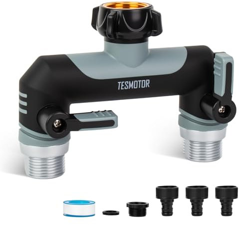 Tesmotor 2-Wege T-Verteiler für Wasserhähne, 2er Verteiler 3/4 Adapter mit Kugelhahn zum Einstellen und Absperren des Wasserflusses