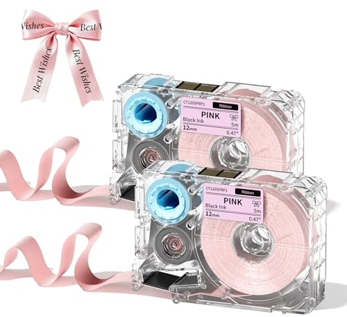 Phomemo A30 P15 Exklusives schwarzes Muster auf rosa Satinband, Stoffbänder zum Verpacken von Geschenken, für Hochzeitssträuße, DIY-Bastelprojekte, Valentinstag, Partydekoration,12mmx5m, 2-Pack