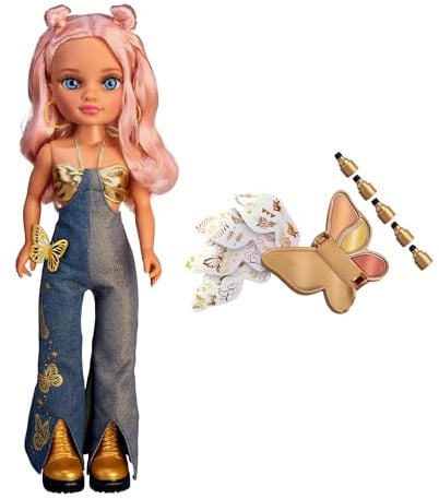 Nancy Gold Makeup Muñeca con Kit de Maquillaje Completo, Lápiz 5 en 1, Tatuajes y Sombras Doradas, Incluye Caja en Forma de Mariposa, Juego Creativo de Belleza, Desde 3 Años, Famosa (NACB5000)