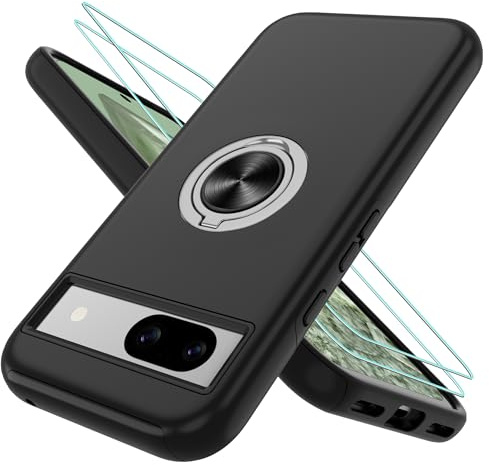 Pilaru Handyhülle für Google Pixel 8A Hülle mit 2 Stück Schutzfolie[360° Unsichtbarem Drehbarem Ständer] TPU + PC Stoßfest Schutzhülle Handyhülle für Pixel 8A-Schwarz