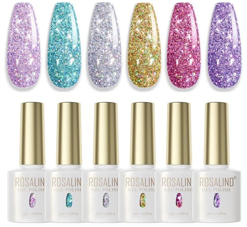 ROSALIND Vernis Semi Permanent 6 Couleurs Paillettes Colorées Rose Bleu | Argenté Doré Violet Vernis Gel UV Brillants Semi Permanent Pailleté pour Manucure et Nail Art Cadeau 6ml