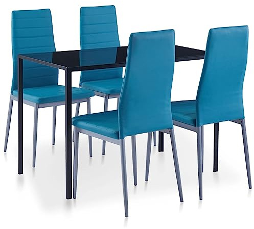 Teenpull 5-TLG. Essgruppe Blau, Modernes Design, Gehärtetes Glas, Kunstleder, Für Küche und Esszimmer