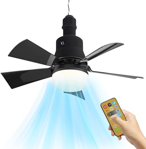 JOPWUE Ventilateur de Plafond avec Lampe et Télécommande - 40W, Douille E27, 3 Vitesses, 6 Pales, Timing, Dimmable LED pour Chambre, Salon (Noir)