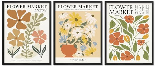 ARTFAVES® Poster Set - Flower Market Trio 2-3-teilige Bildercollage Wohnzimmer, Schlafzimmer - moderne Wandbilder Blumen, pastell, Blumenmarkt Plakate, abstrakt - 30x40 cm - mit Rahmen Schwarz