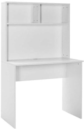 FWStyle Matt White Desk with Storage Hutch – 90cm Home Office or Study Desk with Shelves & Cable Hole – Scratch & UV Resistant Finish, 148cm Tall, Flat Pack with Easy Assembly