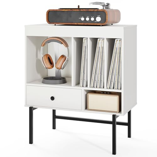 FANTASK Plattenspieler-Ständer aus Holz, Vinyl-Aufbewahrungsschrank mit offenen Fächern, Schublade & Albumhaltern, Beistellschrank modern für Wohnzimmer & Musikzimmer, 70 x 36 x 80 cm (weiß)