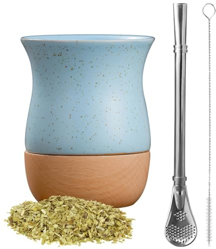Ceramic Yerba Mate Tea Cup Set, Includes Wooden Base & Stainless Steel Bombilla, 8.7 Oz (260 Ml) Blue Design