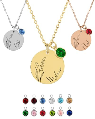 XELLENZ Personalisierte Kette mit Namen, Geburtsstein & Geburtsblume | Halskette Damen mit Gravur aus wasserfestem & farbbeständigem Edelstahl - Geschenke für Frauen in Gold, Silber & Roségold