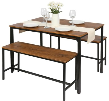 Harbour Housewares 4 Seater Compact Dining Set - Brown & Black Table with 2 Benches - Small Space Saving Kitchen Dining Furniture with Wood Finish & Metal Frame for Modern Homes