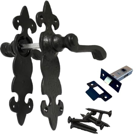 Epsom Door Handle Fleur de LYS Black Door Handle – Traditional Wrought Iron Style (Back Plate) with 63mm Tubular Latch (1 Pack)