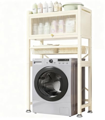 étagère De Rangement Au-dessus De La Machine à Laver Et Sèche-linge Support Réglable Pour Machine à Laver Avec Portes Et Patins En Acier Carbone Gain De Place Pour Salle De Bain Et Bua white 3-Layers