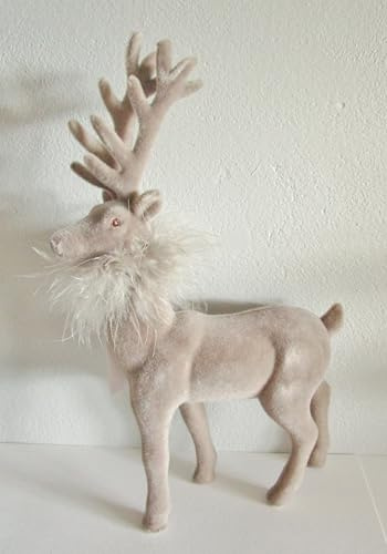 Generisch Figur Hirsch beflockt 28 cm hoch mit Federkragen (Farbe wählbar: lila, grün, Taupe, braun) mit Samtüberzug, Deko Figuren Weihnachtsdeko Weihnachten Flockhirsch (Taupe)