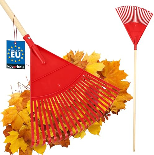 KOTARBAU® Rastrillo Hojas Jardin - Plástico - 48 cm - con Mango de Madera - 150 cm - Rastrillo Jardin - Herramienta Jardinería - Rastrillos para Cesped - Fácil De Guardar - Rojo y Madera Barnizada
