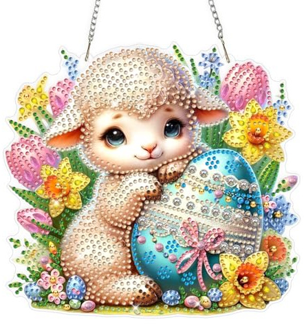 GHHKUD Ostern Schaf Diamond Painting Fensterbilder Beidseitige, Diamond Painting Anhänger mit Kette, Diamant Malerei Bilder Kristall Fensterbilder Kits für Eingang und Fenster Ostern Deko