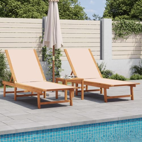 Frdhee Liegestuhl Wohnzimmer Terrassenstühle,Sonnenliegen 2 STK. mit Tisch Creme Massivholz Akazie Textilene,Kippliege für Camping,Garten,Pool