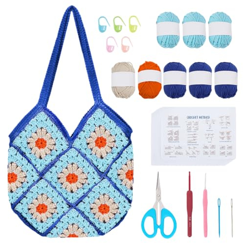 ORIGACH Daisy Häkel Tasche Set Für Anfänger, Granny Square Häkeltasche Häkelset, Häkelset für Erwachsene Mit Schritt Für Schritt Videoanleitungen, Navy Blau